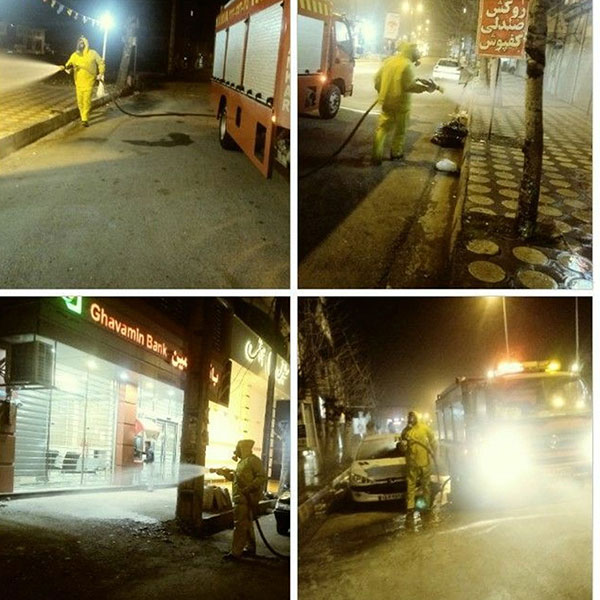 ادامه روند ضدعفونی کردن معابر و محلات سطح شهر توسط نیروهای آتش نشانی و خدمات ایمنی شهرداری املش