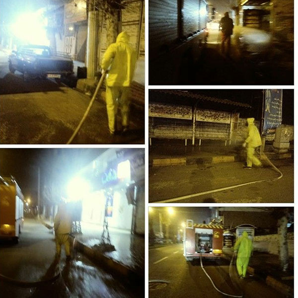 ادامه روند ضدعفونی کردن معابر و محلات سطح شهر توسط نیروهای آتش نشانی و خدمات ایمنی شهرداری املش